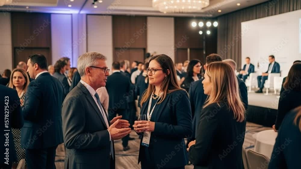 Business professionals networking at a corporate conference reception, engaging in conversations and discussions in a modern event space