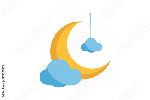 Textured Crescent Moon Hanging From Soft Blue Cloud