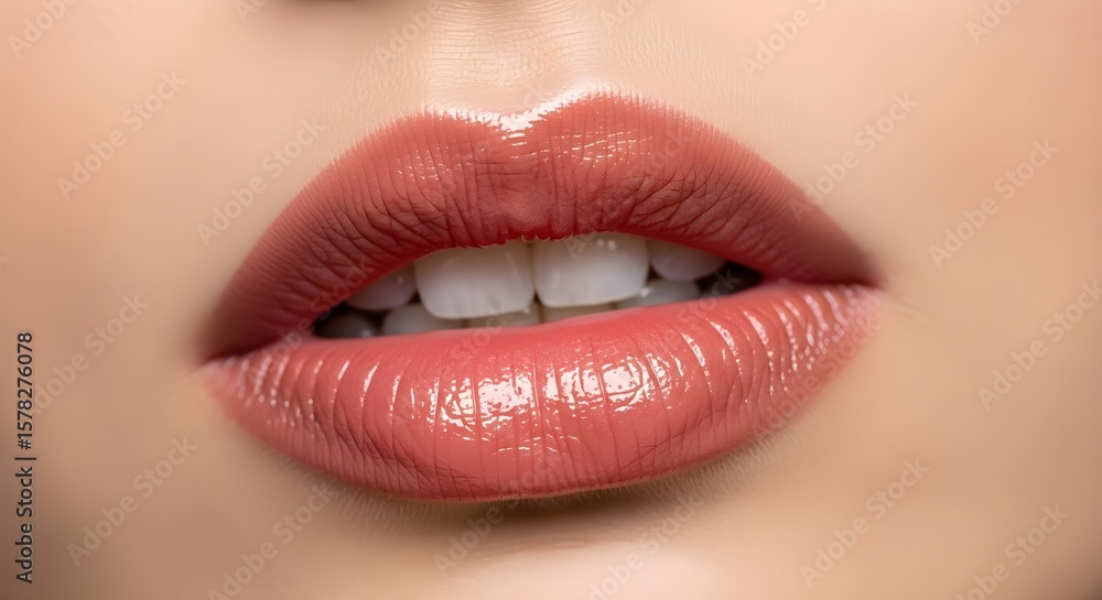 Obraz premium Sensual Glossy Pink Lips. A captivating close-up of a woman's perfectly defined mouth, showcasing a vibrant, luscious lip color with a radiant sheen for lipstick day