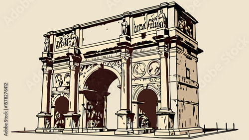 Illustration of a roman triumphal arch with detailed carvings and architectural elements in sepia tones