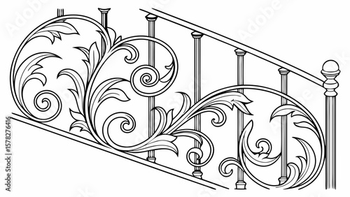 Ornate wrought iron railing with floral designs on a staircase in black and white drawing style