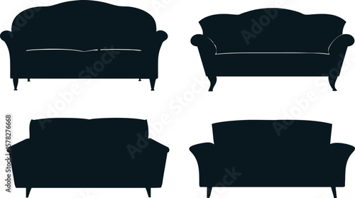 Icon set of black two-seater sofa designs with legs, perfect for apps, web interfaces, and home decor UI kits.