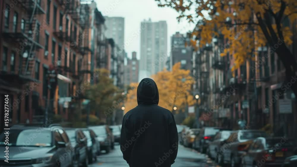 Person wearing black hoodie walking on urban street with autumn trees and parked cars, creating moody and contemplative atmosphere in city environment near buildings and cars under autumn trees Person wearing black hoodie walking on urban street with autumn trees and parked cars, creating moody and contemplative atmosphere in city environment near buildings and cars under autumn trees