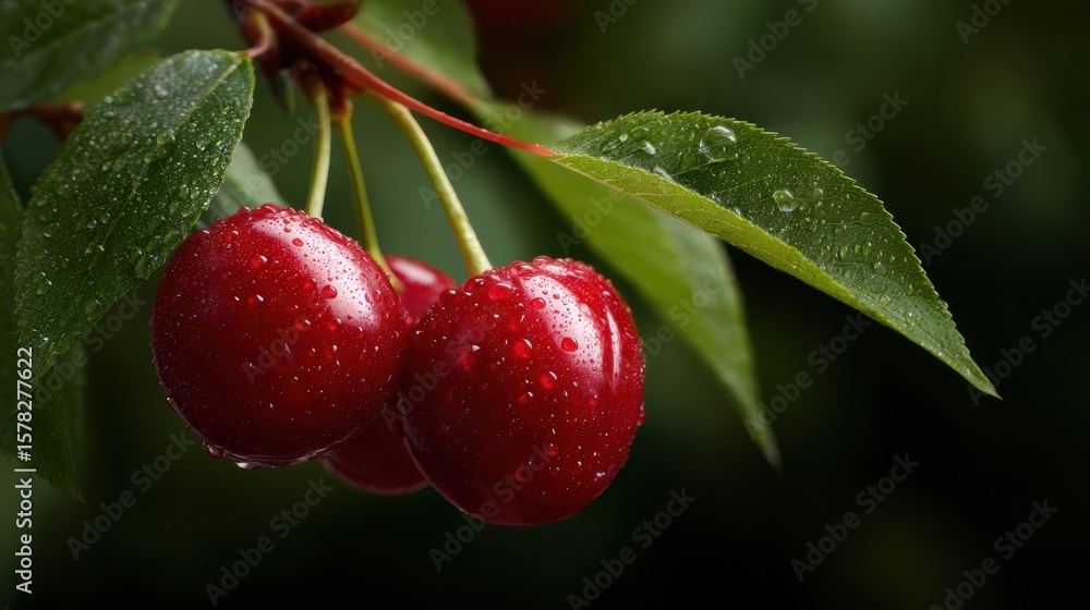 Obraz premium Fresh ripe red cherry fruit covered in water droplets hanging on a tree branch