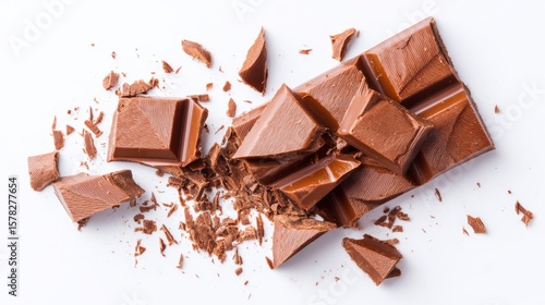 Top view of assorted chocolate pieces and delicate chocolate shavings arranged on clean white background. Rich brown tones and smooth texture highlight dessert, sweet, cocoa, and gourmet concepts
