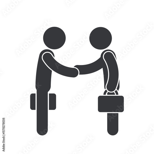 Isolated pictogram of a businessman carrying a briefcase and shaking hands, symbolizing agreement, deal, business cooperation, negotiation, and successful transaction.