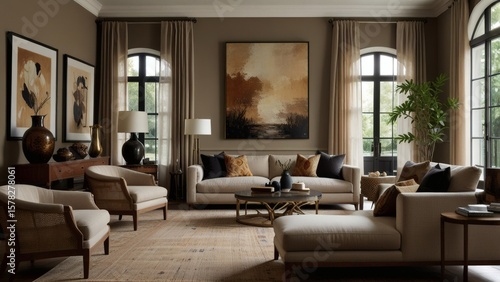 Sophisticated Neutral Living Room with Mid-Century Accents, Earthy Tones, and Large Framed Art