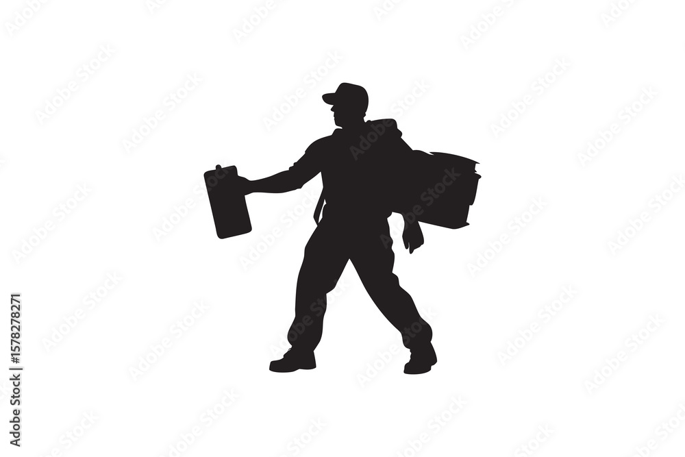 Silhouette of a delivery person carrying a package and clipboard isolated on a white background representing courier services and logistical operations for efficient distribution Silhouette of a delivery person carrying a package and clipboard isolated on a white background representing courier services and logistical operations for efficient distribution