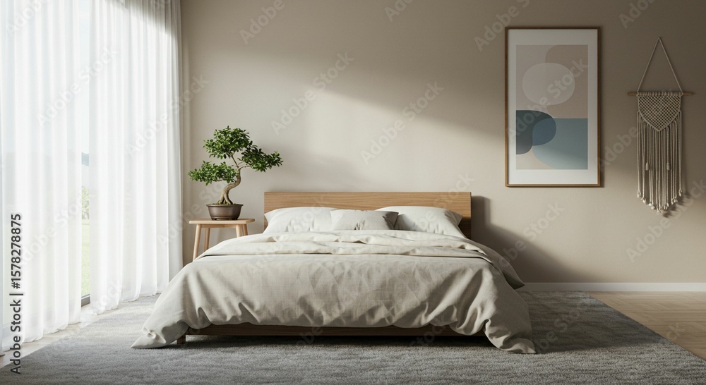 Fototapeta premium Beige minimalist bedroom interior design
