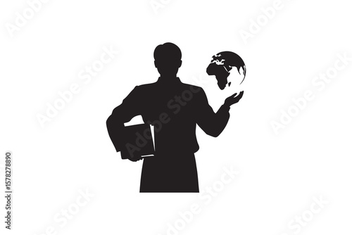 Silhouette of a businessman holding a globe in his hand symbolizing global business international relations and worldwide success with a book in his other arm