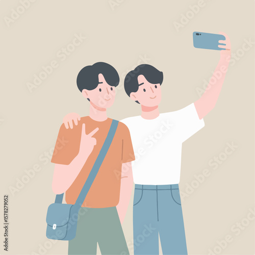 illustration of a boy with his friend take a selfie