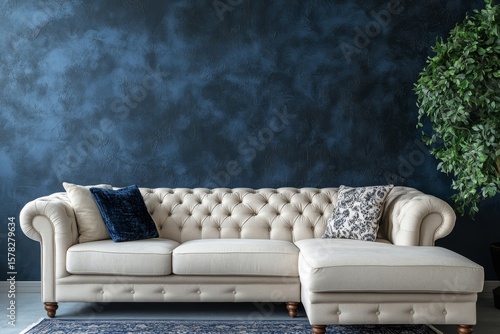 Wallpaper Mural Elegant tufted corner sofa against a dark blue stucco wall, with ample copy space to enhance the living rooms design, Generative AI Torontodigital.ca