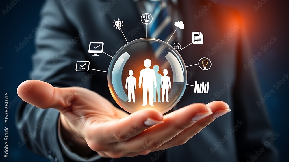 Fototapeta premium Business people protected inside a glass sphere with technology icons protection