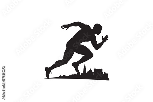 Silhouette of a Muscular Male Runner Sprinting in Front of a City Skyline symbolizing speed fitness competition and urban athleticism on a clean white background