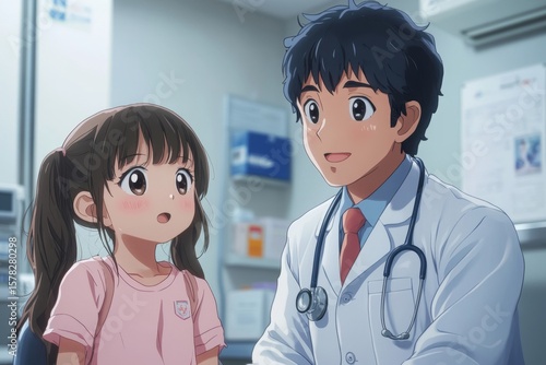 Pediatrician with a young girl patient at a clinic, offering care and support during a medical checkup, Generative AI
