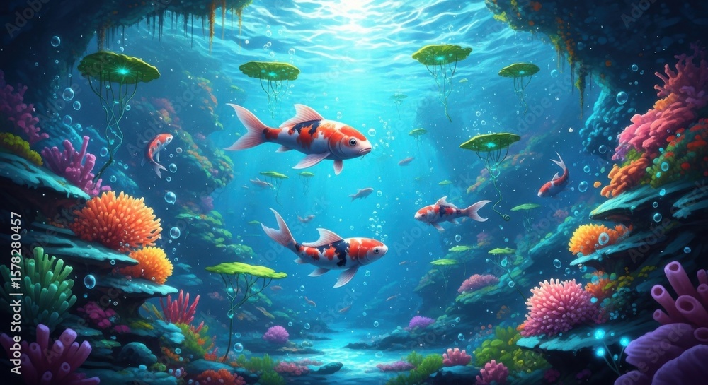 Fototapeta premium Vibrant Underwater Realm with Koi Fish and Coral Reefs