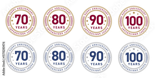 70周年・80周年・90周年・100周年のフラットな記念メダルロゴセット（円形 YEARS 長寿 ベクター）

