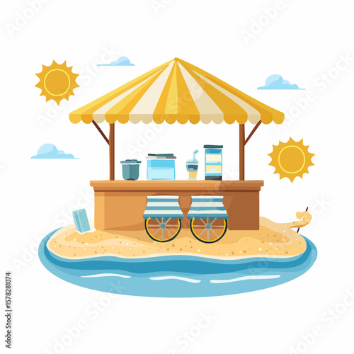 Beachside Beverage Cart with Striped Umbrella and Refreshing Drinks