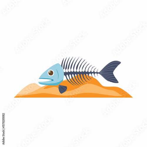 Cartoon Fish Skeleton Resting on a Sandy Dune with Detailed Anatomy