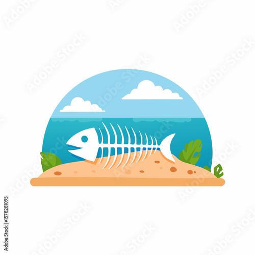 Cartoon Fish Skeleton on Sandy Beach with Ocean and Sky Backdrop