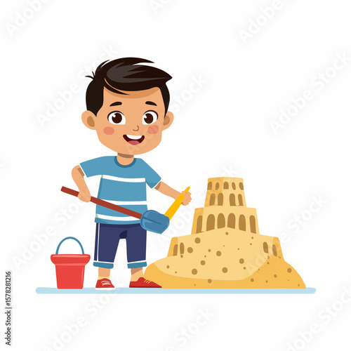 Cheerful Boy Building a Detailed Sandcastle with Shovel and Bucket