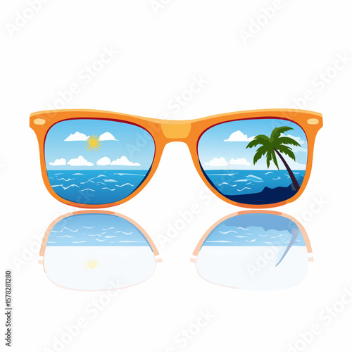 Orange Sunglasses Reflecting a Tropical Beach Scene with Palm Tree
