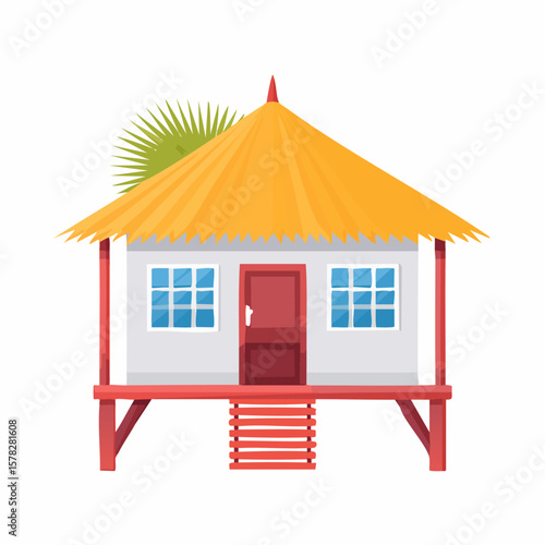 Colorful Tropical Bungalow with Thatched Roof and Palm Frond Detail