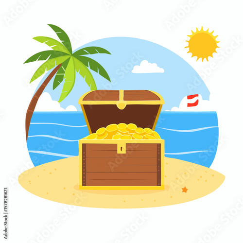 Treasure Chest Overflowing with Gold Coins on a Sunny Tropical Beach