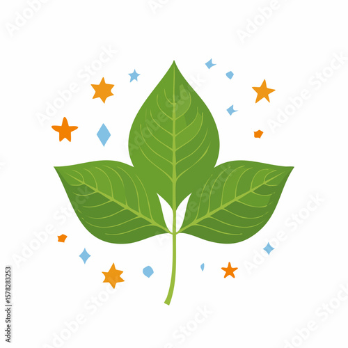 Stylized Green Leaf with Decorative Stars and Geometric Shapes.