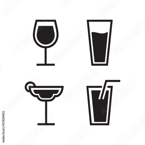 Set of four drink glasses silhouettes isolated on white background