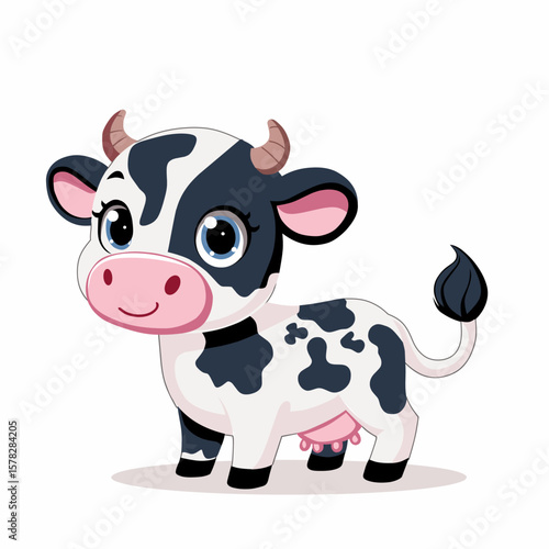 Vector illustration of a cute dairy cow in cartoon style, with a cheerful expression.