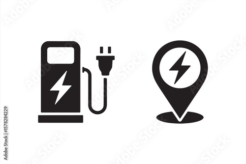 Simple EV charger and energy location pin icons – electric plug and charge point vector