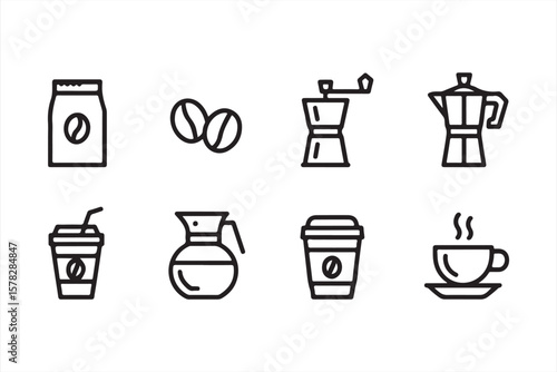 Coffee Equipment and Drink Icons – Black Line Art Style Featuring Beans, Grinder, To-Go Cups and Mugs
