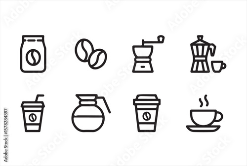 Black Line Art Coffee Icons Set – Beans, Grinder, Moka Pot, Hot Cup and Cold Drink Icons