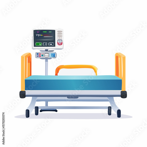 Medical Bed with Monitoring Equipment, Healthcare Illustration.