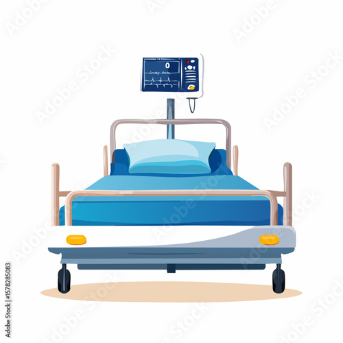 Hospital Bed with Monitor Displaying Vital Signs and Heart Rate.