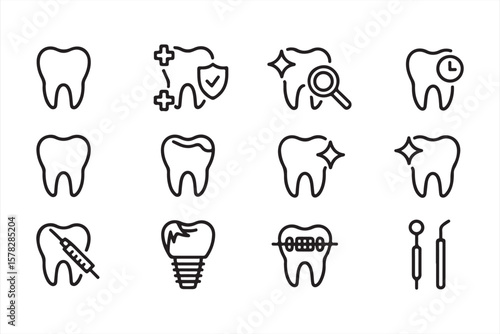 Minimalist Black Line Art Dental Icons – Oral Health, Braces, Implant, Tools & Protection Symbols