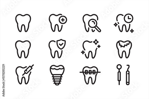 Dental Health and Hygiene Icon Set – Black Line Style Covering Implants, Braces, Protection and Tools