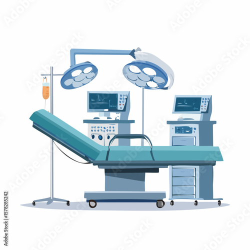 Surgical Suite Illustration Depicting Operating Room Equipment and Medical Instruments