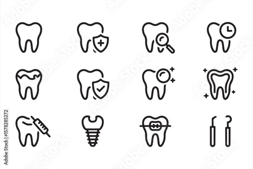 Black Line Art Dental Icons with Tools and Cleaning Procedures – Modern Dental Hygiene Visuals