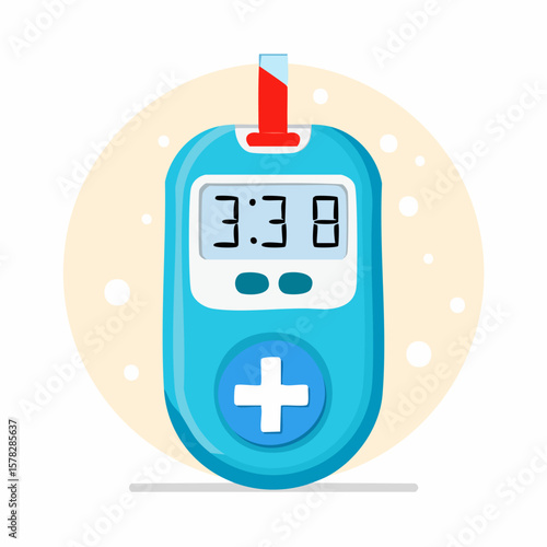 Cartoonish Blood Glucose Meter Displaying Time and Blood Sample