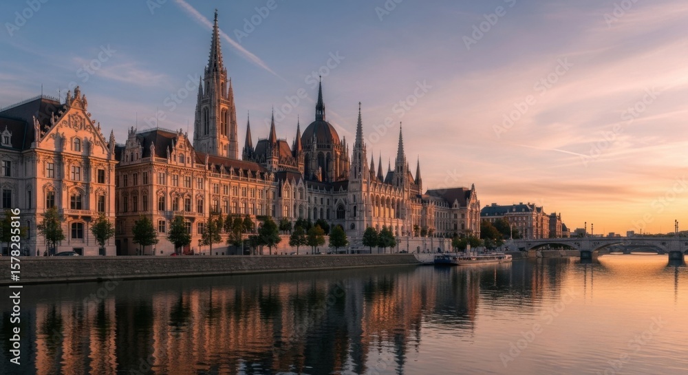 Obraz premium Budapest Parliament Building at Sunset Reflecting in the Danube River