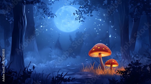 Glowing mushrooms moonlit forest