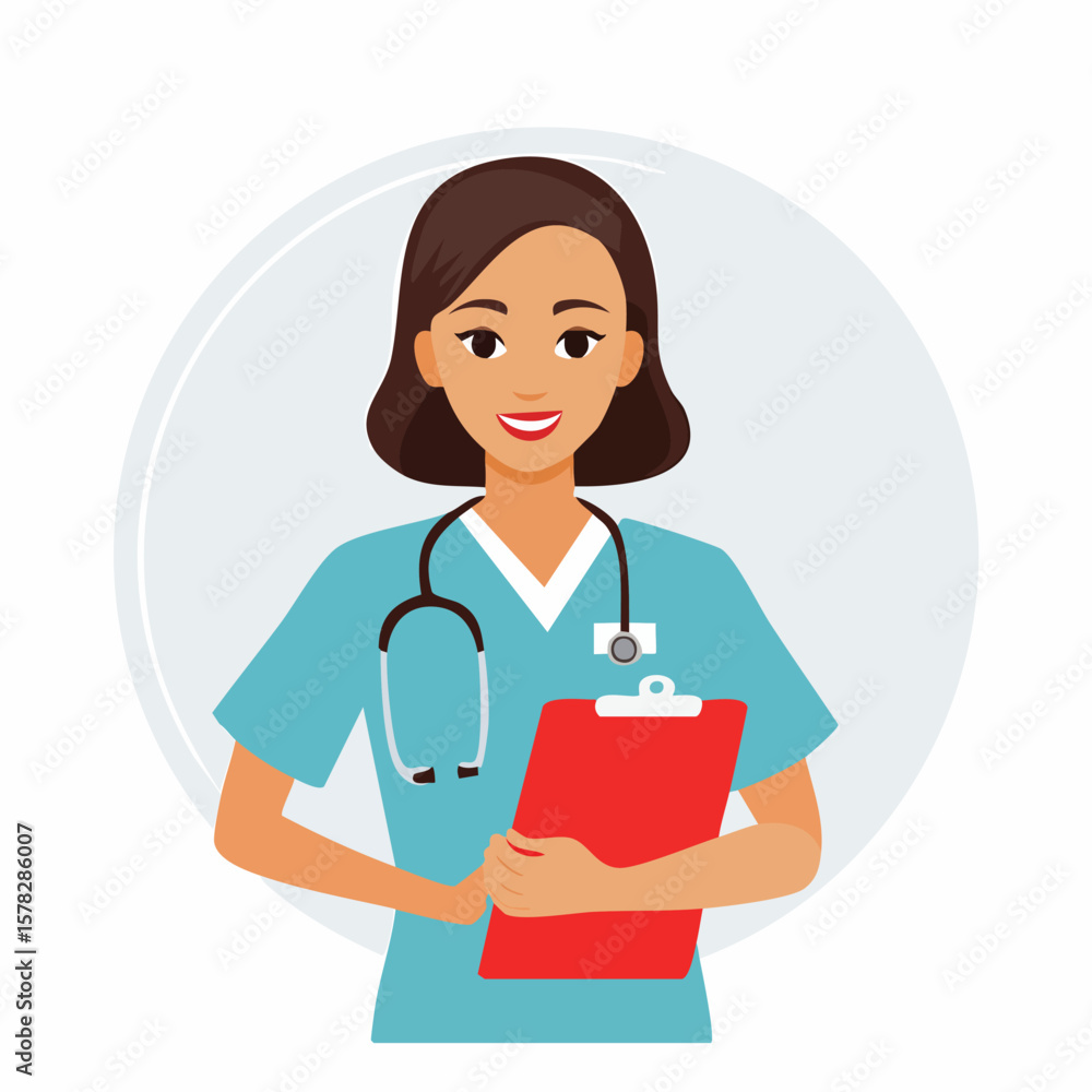Smiling Female Nurse Holding Clipboard, Wearing Stethoscope, Medical Illustration. Smiling Female Nurse Holding Clipboard, Wearing Stethoscope, Medical Illustration.