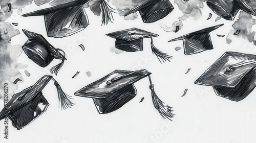 handdrawn graduation caps tossed in air ink sketch .