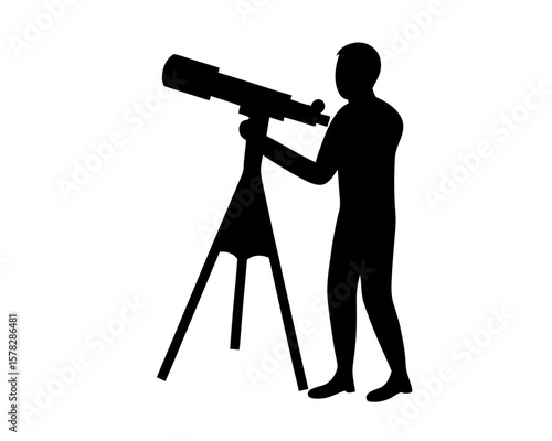 Silhouette of an individual looking through a telescope on a tripod stand