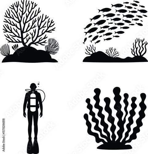 Underwater scene with coral reef school of fish and diver silhouette