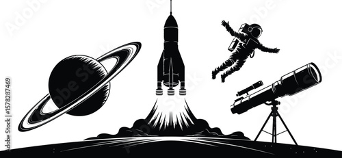 Astronaut floating near saturn rocket launch and telescope silhouette