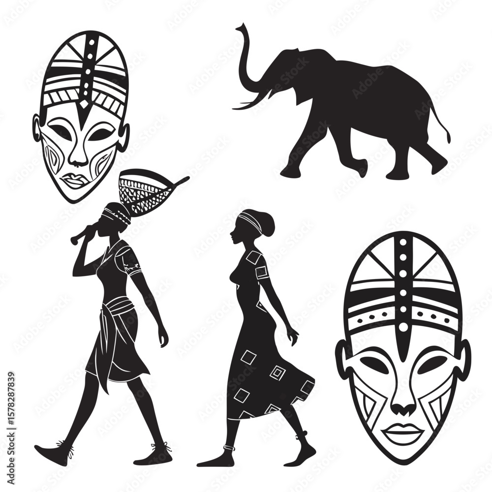 Fototapeta premium African tribal masks elephant and women silhouettes vector