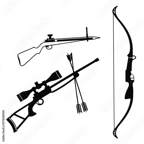 Archery and hunting equipment silhouettes arrows rifle